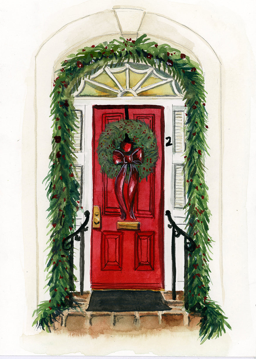 Charleston Holiday Red Door, Original Watercolor