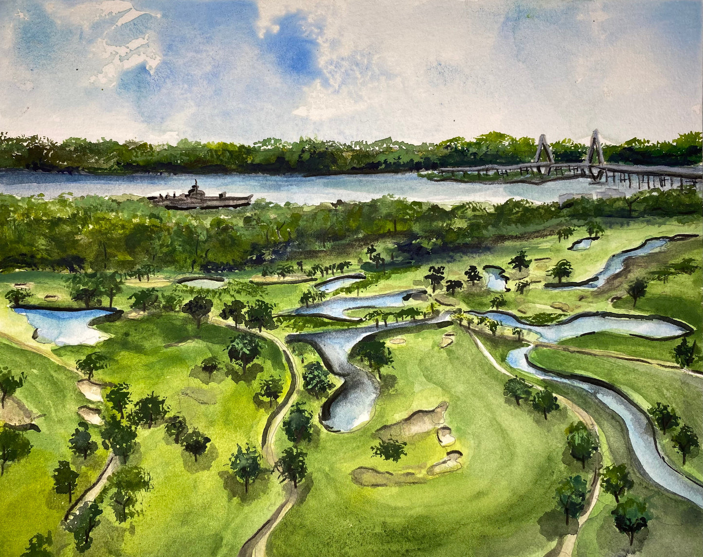 Patriots Point Links- Giclee Print- Charleston, SC