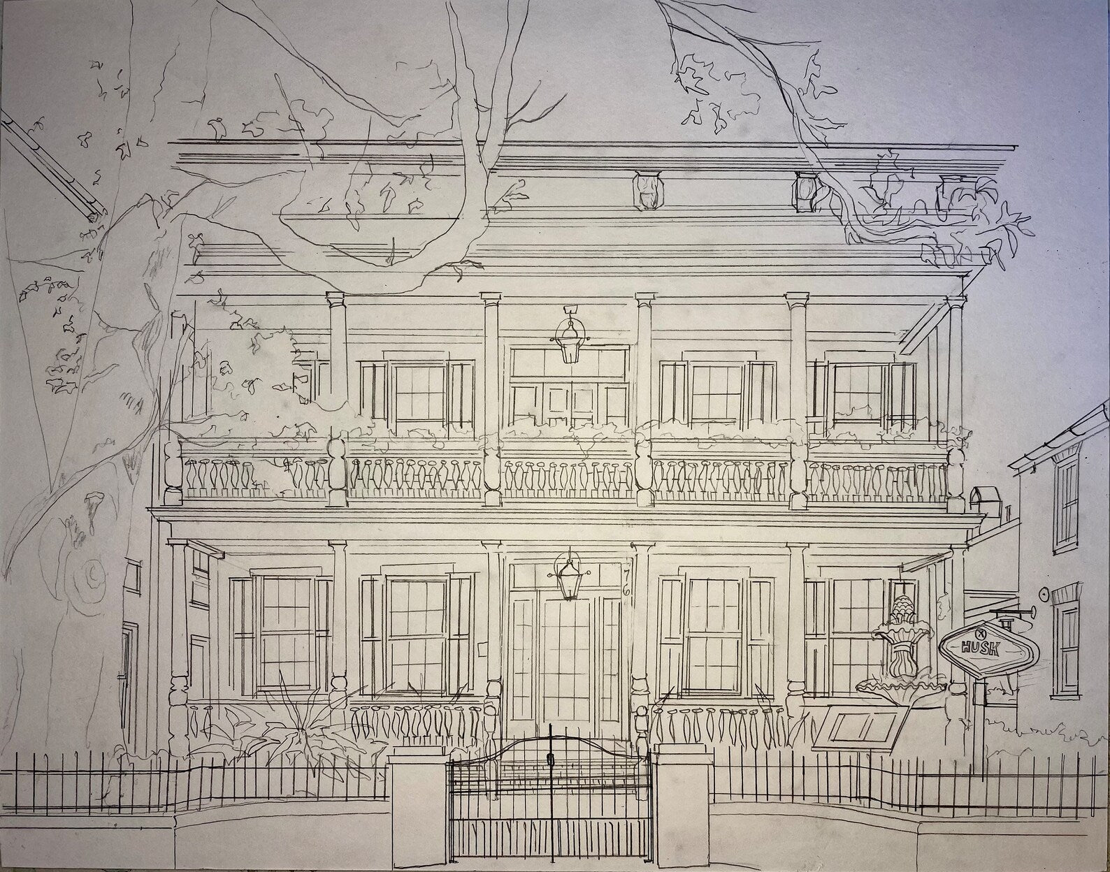 Graham House, Husk Restaurant Original Watercolor - Riverlight Art Studio