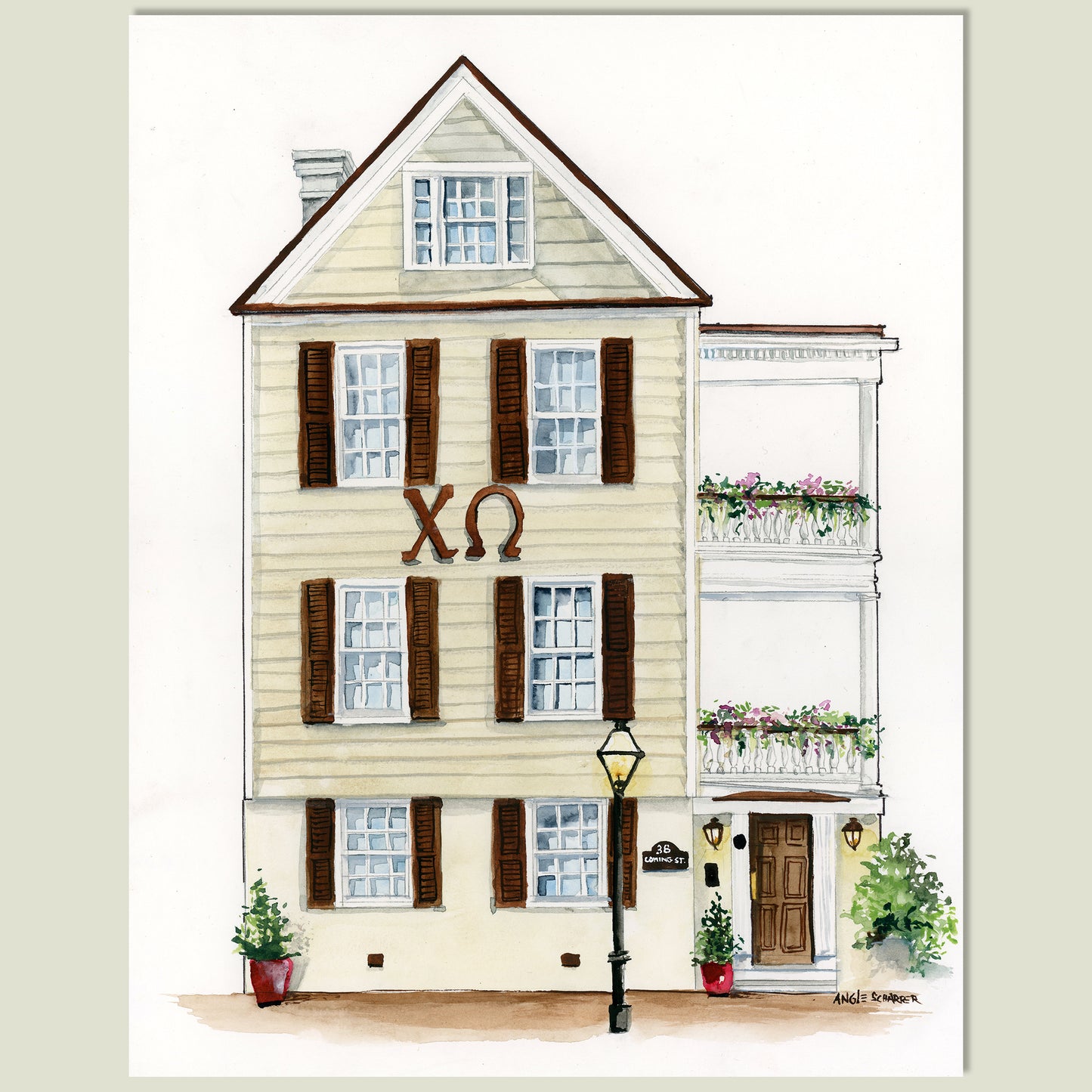 38 Coming Street, Chi Omega House, College of Charleston Original Watercolor