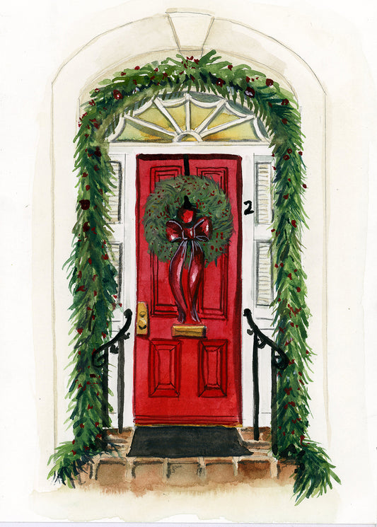 Charleston Holiday Red Door, Original Watercolor