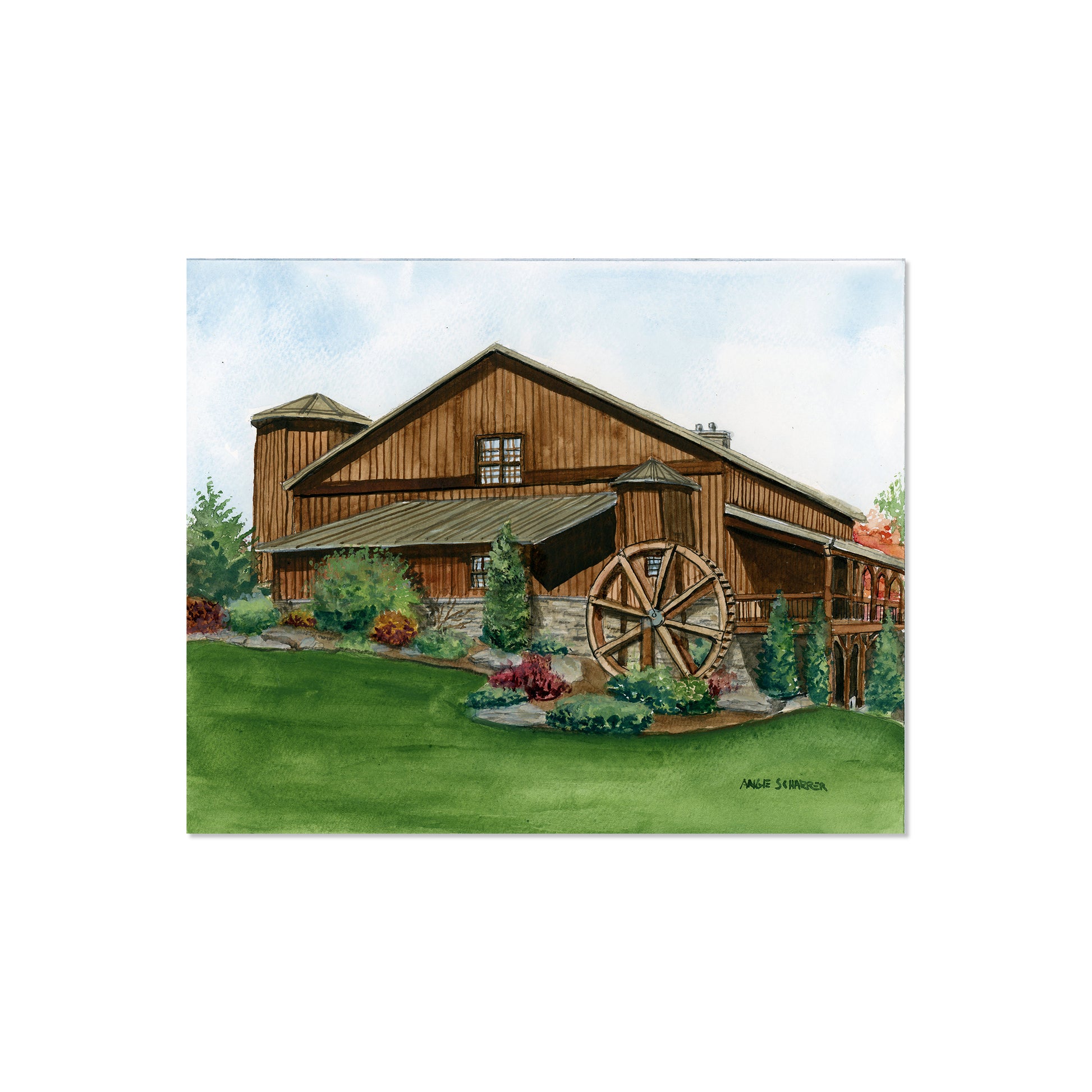 Painting of a wooden barn with a waterwheel and greenery in Boone, nc