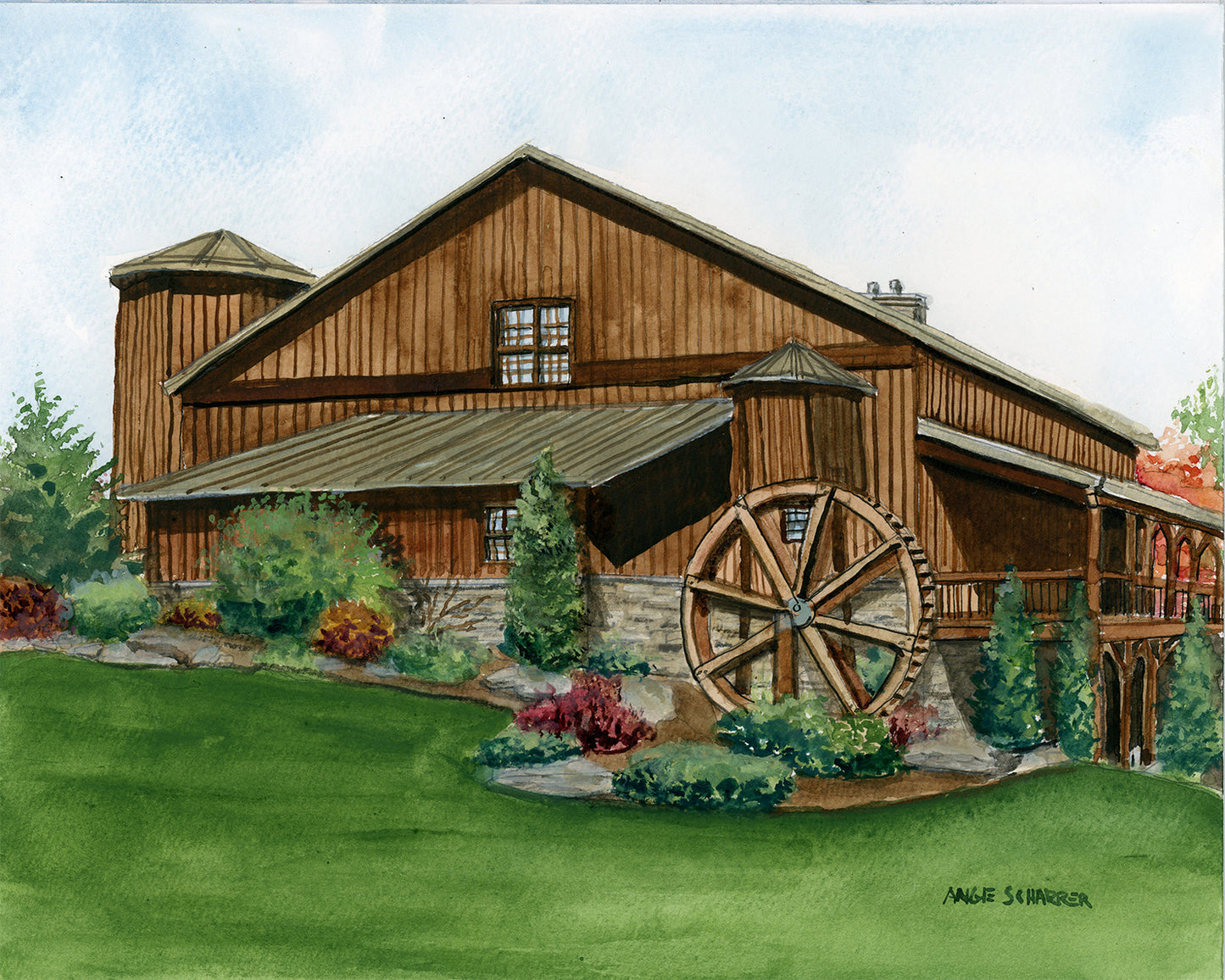Painting of a wooden barn with a waterwheel and greenery in boone nc
