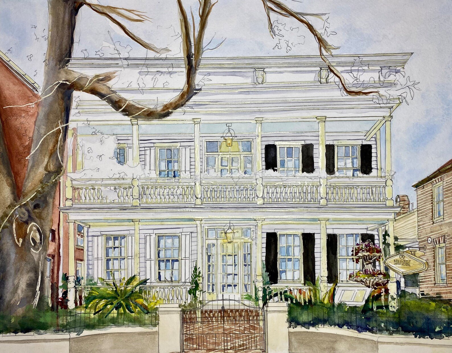 Graham House, Husk Restaurant Original Watercolor - Riverlight Art Studio